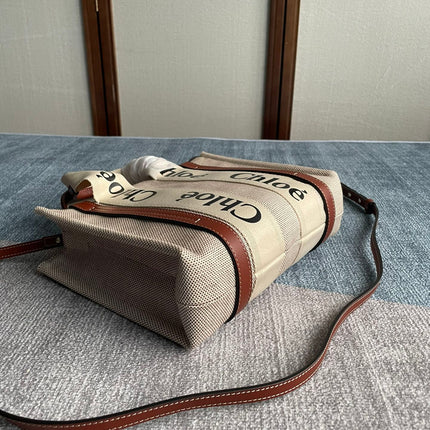 SMALL STRAP WOODY TOTE BAG 26.5 IN BEIGE LINEN CANVAS BLACK WEBBING LOGO EMBROIDER BROWN CALFSKIN