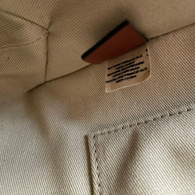 SMALL STRAP WOODY TOTE BAG 26.5 IN BEIGE LINEN CANVAS BLACK WEBBING LOGO EMBROIDER BROWN CALFSKIN