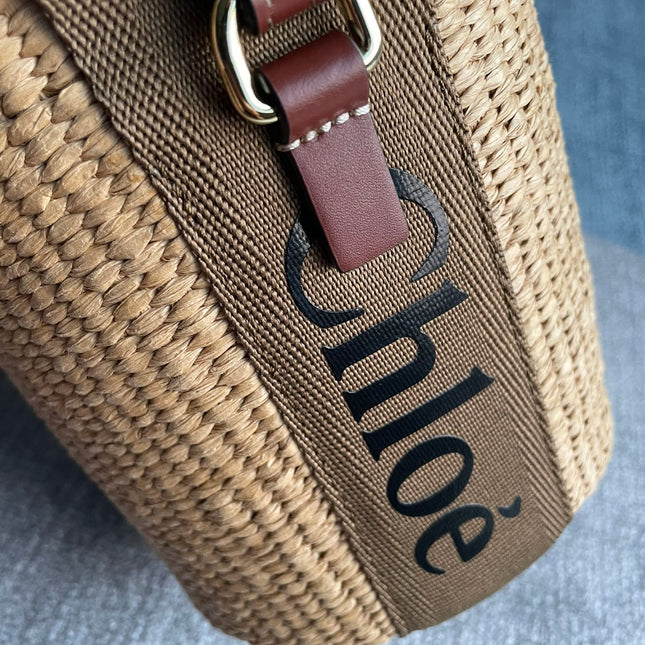 SMALL WOODY BASKET 17 IN NATURAL FIBERS BROWN WEBBING DARK BROWN CALFSKIN