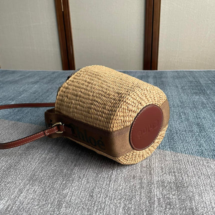 SMALL WOODY BASKET 17 IN NATURAL FIBERS BROWN WEBBING DARK BROWN CALFSKIN