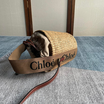 SMALL WOODY BASKET 17 IN NATURAL FIBERS BROWN WEBBING DARK BROWN CALFSKIN