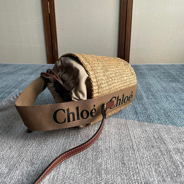 SMALL WOODY BASKET 17 IN NATURAL FIBERS BROWN WEBBING DARK BROWN CALFSKIN