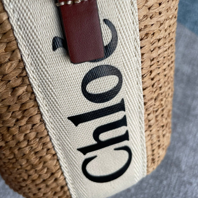 SMALL WOODY BASKET 17 IN NATURAL FIBERS BEIGE WEBBING DARK BROWN CALFSKIN