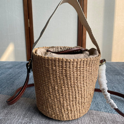 SMALL WOODY BASKET 17 IN NATURAL FIBERS BEIGE WEBBING DARK BROWN CALFSKIN