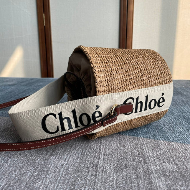 SMALL WOODY BASKET 17 IN NATURAL FIBERS BEIGE WEBBING DARK BROWN CALFSKIN