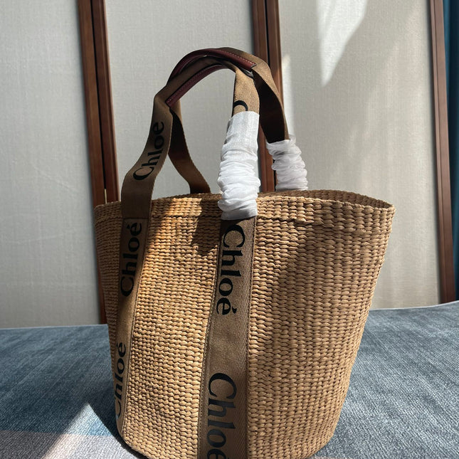 LAGRE WOODY TOTE BAG 48 IN NATURAL FIBERS BROWN WEBBING AND CALFSKIN