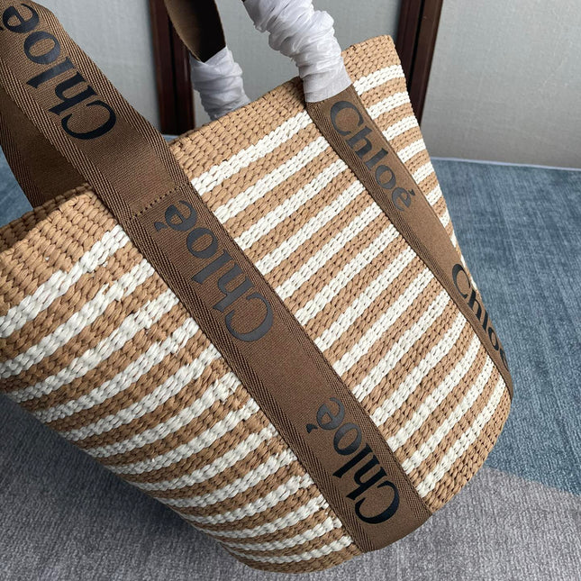 LAGRE WOODY TOTE BAG 48 IN BROWN AND WHITE FIBERS BROWN WEBBING BLACK CALFSKIN