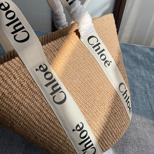 LAGRE WOODY TOTE BAG 48 IN NATURAL FIBERS BEIGE WEBBING BROWN CALFSKIN