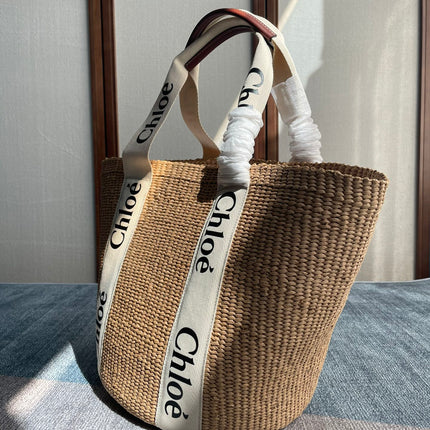 LAGRE WOODY TOTE BAG 48 IN NATURAL FIBERS BEIGE WEBBING BROWN CALFSKIN