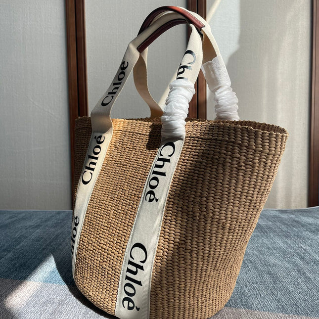 LAGRE WOODY TOTE BAG 48 IN NATURAL FIBERS BEIGE WEBBING BROWN CALFSKIN
