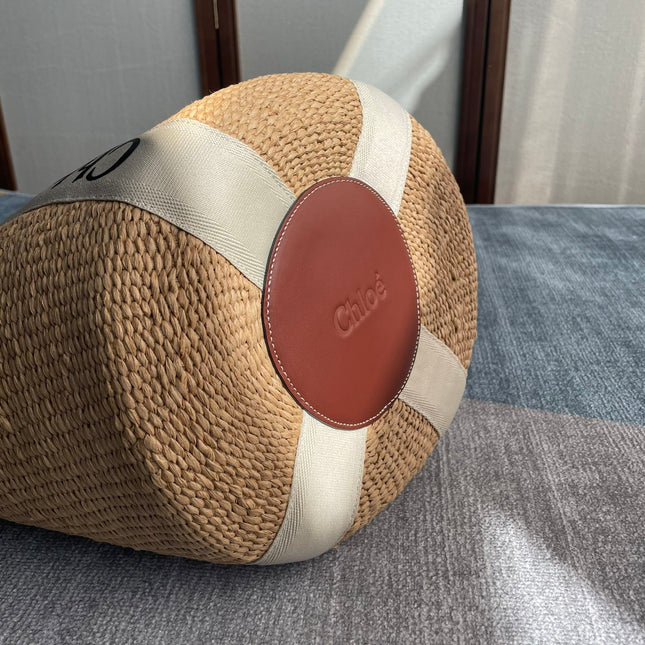 LAGRE WOODY TOTE BAG 48 IN NATURAL FIBERS BEIGE WEBBING BROWN CALFSKIN