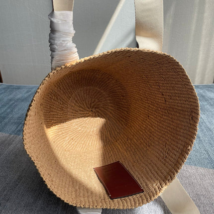 LAGRE WOODY TOTE BAG 48 IN NATURAL FIBERS BEIGE WEBBING BROWN CALFSKIN