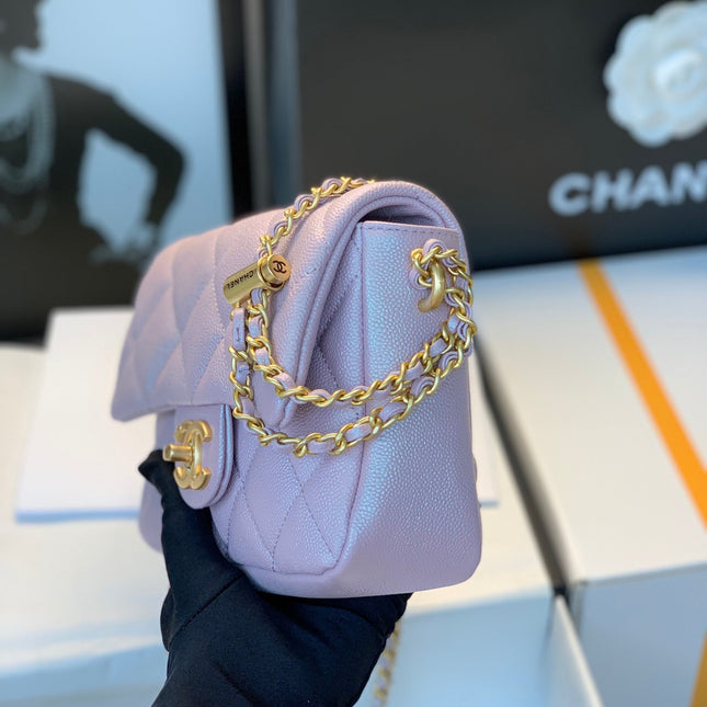 CHANEL 25S CLASSIC FLAP 19 CM IN MAUVE PINK CAVIAR LEATHER WITH GOLD HARDWARE
