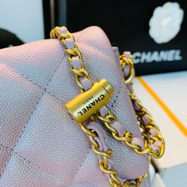 CHANEL 25S CLASSIC FLAP 19 CM IN MAUVE PINK CAVIAR LEATHER WITH GOLD HARDWARE