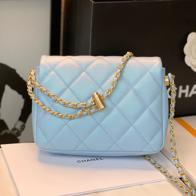 CHANEL 25S CLASSIC FLAP 19 CM IN LIGHT BLUE CAVIAR LEATHER WITH GOLD HARDWARE