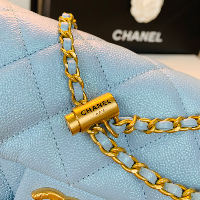 CHANEL 25S CLASSIC FLAP 19 CM IN LIGHT BLUE CAVIAR LEATHER WITH GOLD HARDWARE