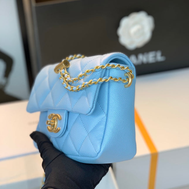 CHANEL 25S CLASSIC FLAP 19 CM IN LIGHT BLUE CAVIAR LEATHER WITH GOLD HARDWARE