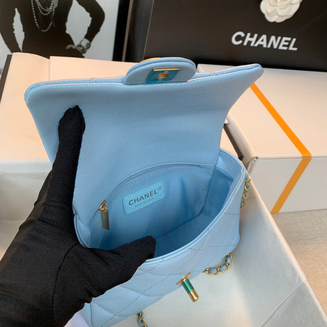 CHANEL 25S CLASSIC FLAP 19 CM IN LIGHT BLUE CAVIAR LEATHER WITH GOLD HARDWARE