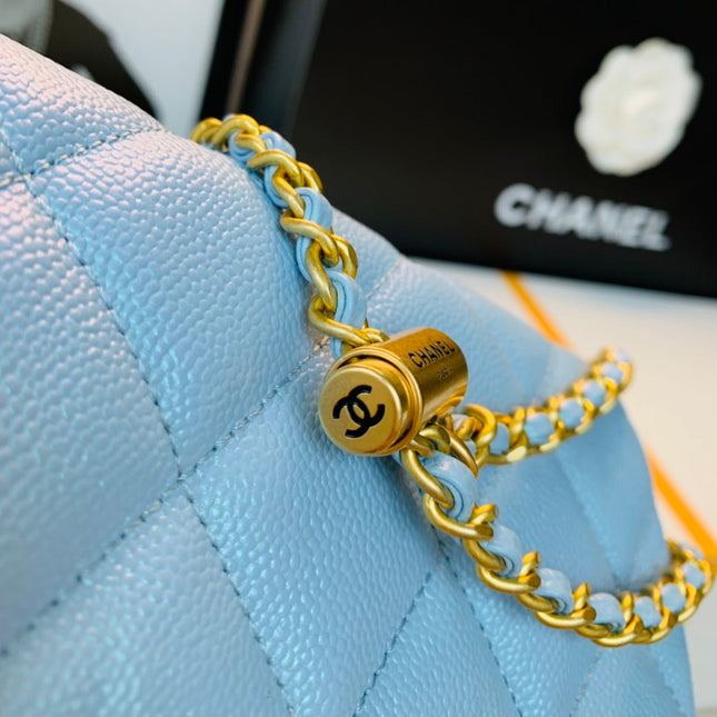 CHANEL 25S CLASSIC FLAP 19 CM IN LIGHT BLUE CAVIAR LEATHER WITH GOLD HARDWARE