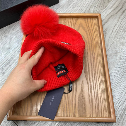 BEANIE HAT IN CHERRY RED WOOL AND RABBIT FUR 346718