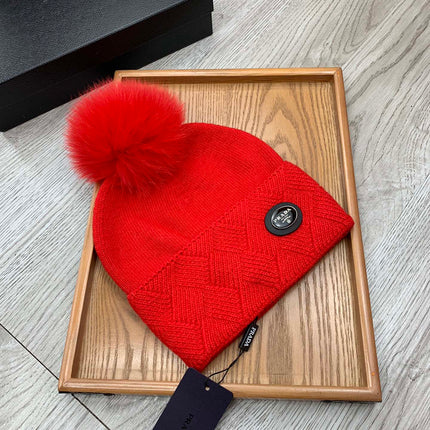 BEANIE HAT IN CHERRY RED WOOL AND RABBIT FUR 346718