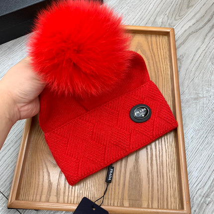 BEANIE HAT IN CHERRY RED WOOL AND RABBIT FUR 346718