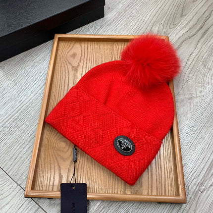 BEANIE HAT IN CHERRY RED WOOL AND RABBIT FUR 346718