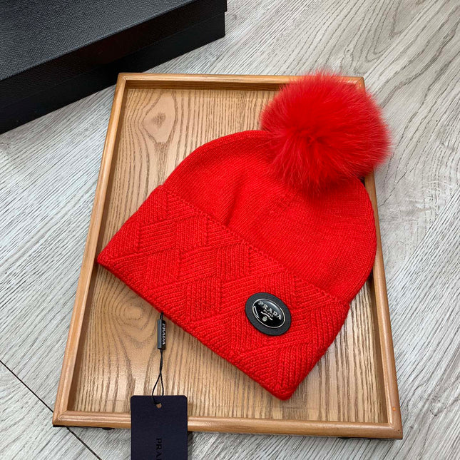 BEANIE HAT IN CHERRY RED WOOL AND RABBIT FUR 346718