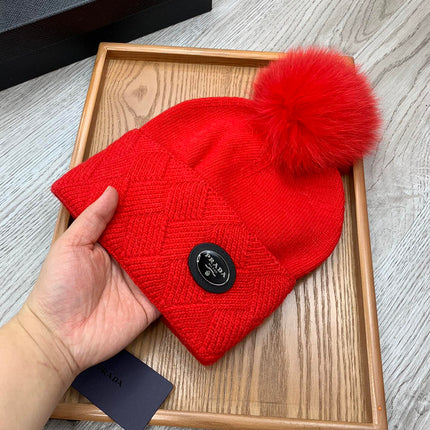 BEANIE HAT IN CHERRY RED WOOL AND RABBIT FUR 346718