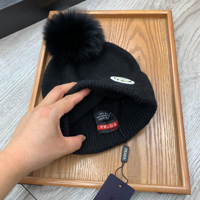 BEANIE HAT IN BLACK WOOL AND RABBIT FUR 346717