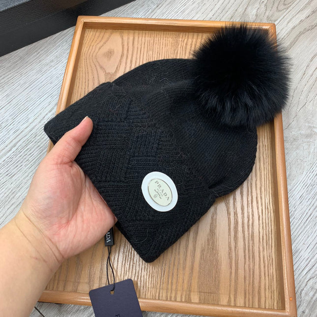 BEANIE HAT IN BLACK WOOL AND RABBIT FUR 346717
