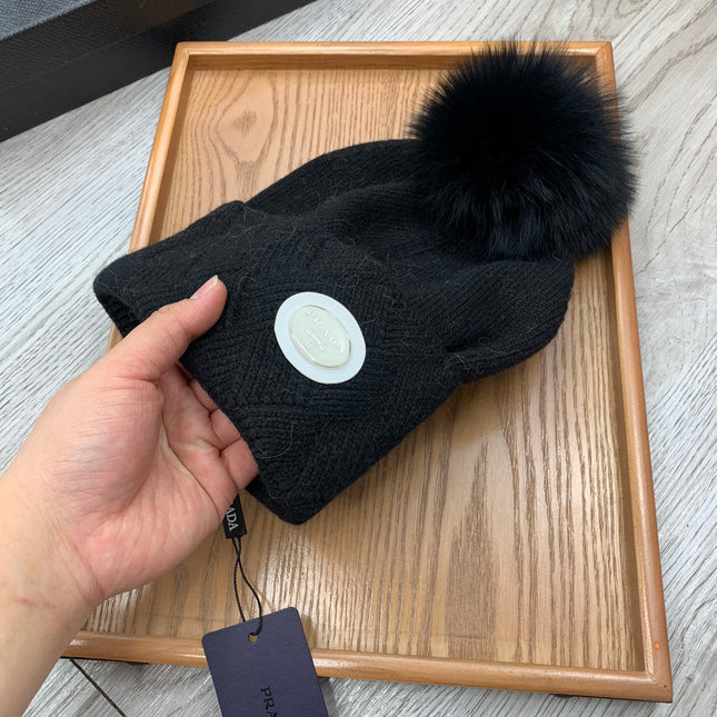 BEANIE HAT IN BLACK WOOL AND RABBIT FUR 346717