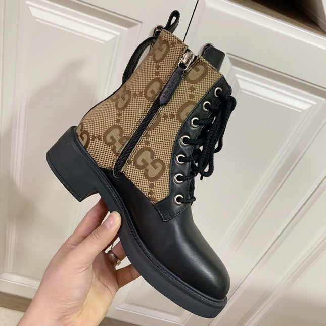 LACE-UP ANKLE BOOTS WITH DOUBLE G BUCKLE IN BEIGE CANVAS AND BLACK SHEEPSKIN