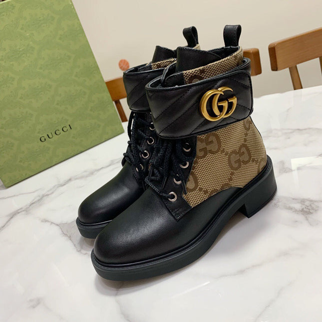 LACE-UP ANKLE BOOTS WITH DOUBLE G BUCKLE IN BEIGE CANVAS AND BLACK SHEEPSKIN