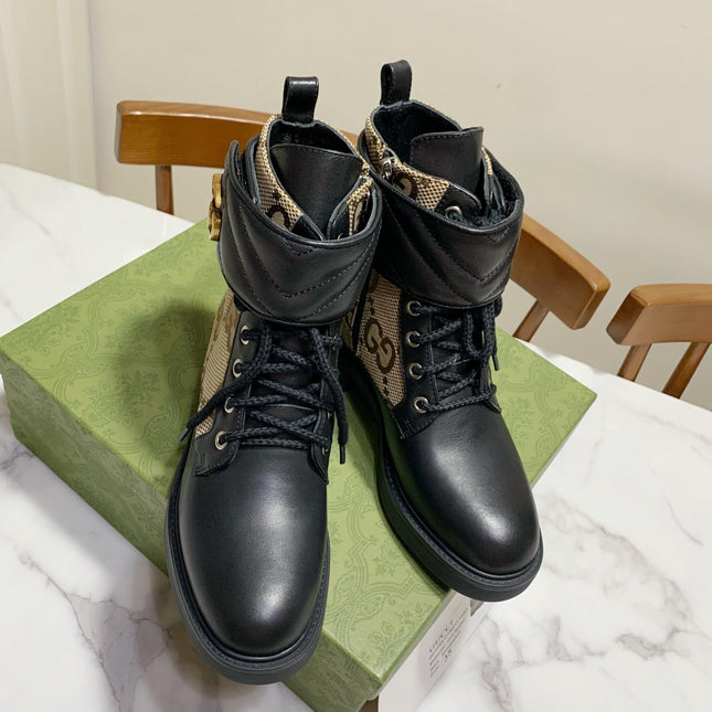 LACE-UP ANKLE BOOTS WITH DOUBLE G BUCKLE IN BEIGE CANVAS AND BLACK SHEEPSKIN