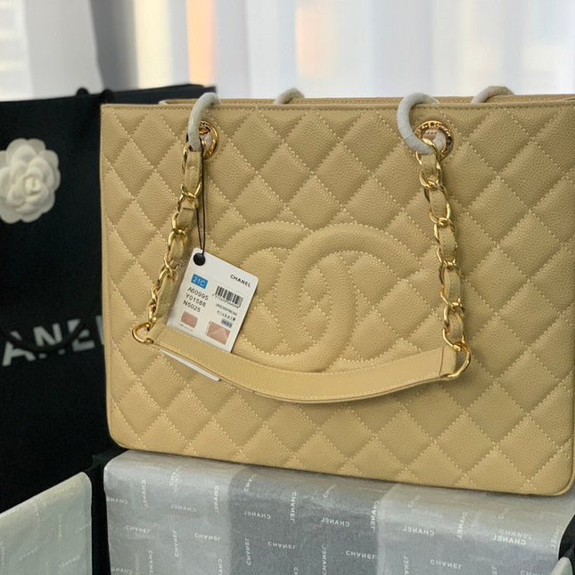 CHANEL 25S MEDALLION TOTE 33 CM IN BEIGE CAVIAR WITH GOLD HARDWARE