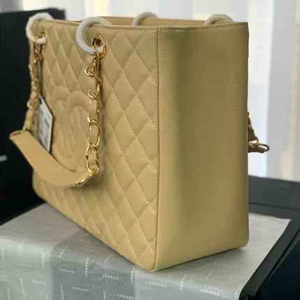 CHANEL 25S MEDALLION TOTE 33 CM IN BEIGE CAVIAR WITH GOLD HARDWARE