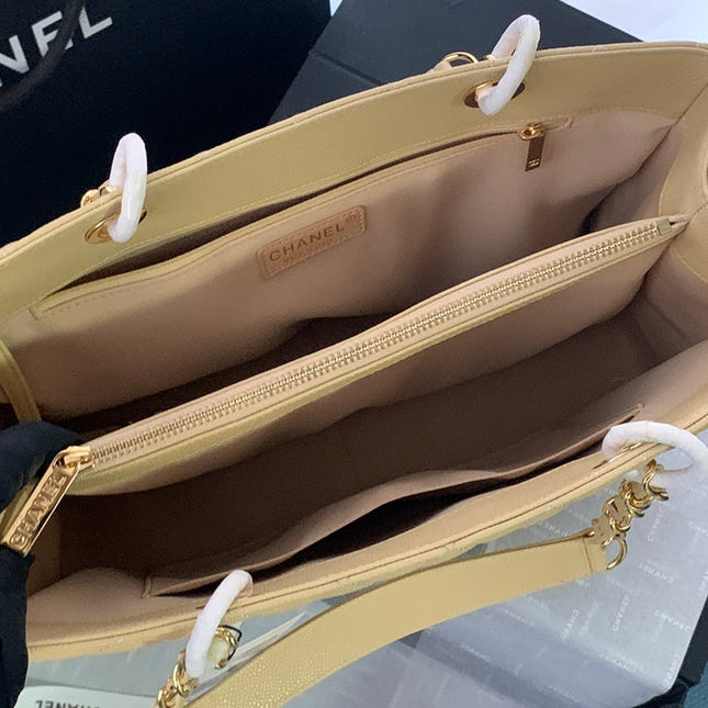 CHANEL 25S MEDALLION TOTE 33 CM IN BEIGE CAVIAR WITH GOLD HARDWARE