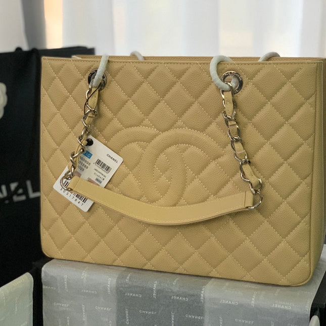 CHANEL 25S MEDALLION TOTE 33 CM IN BEIGE CAVIAR WITH SILVER HARDWARE