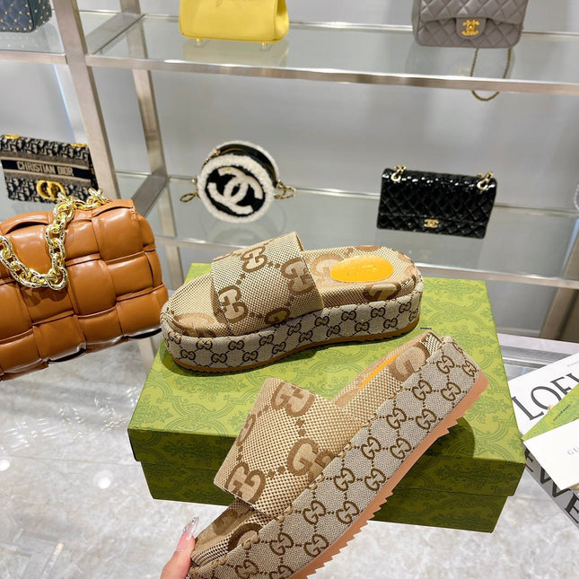 LV MONOGRAM THICK PLATFORM SANDALS IN BEIGE CANVAS