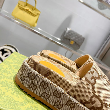LV MONOGRAM THICK PLATFORM SANDALS IN BEIGE CANVAS