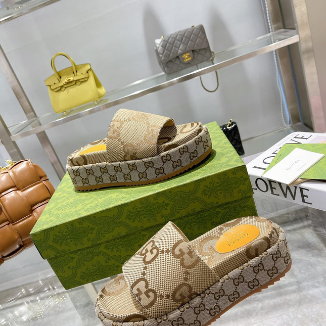 LV MONOGRAM THICK PLATFORM SANDALS IN BEIGE CANVAS
