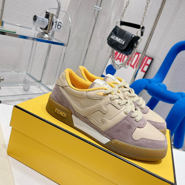FENDI CASUAL SNEAKER IN TAN BEIGE CALFSKIN AND HEATHER PURPLE SUEDE