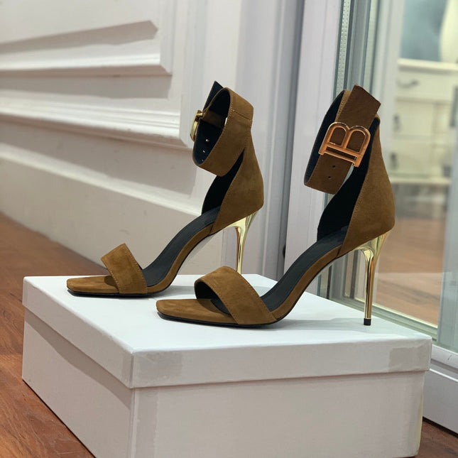 BALMAIN 25S THIN STRAP HIGH HEELS 105MM IN DARK BROWN SUEDE GOLD HARDWARE
