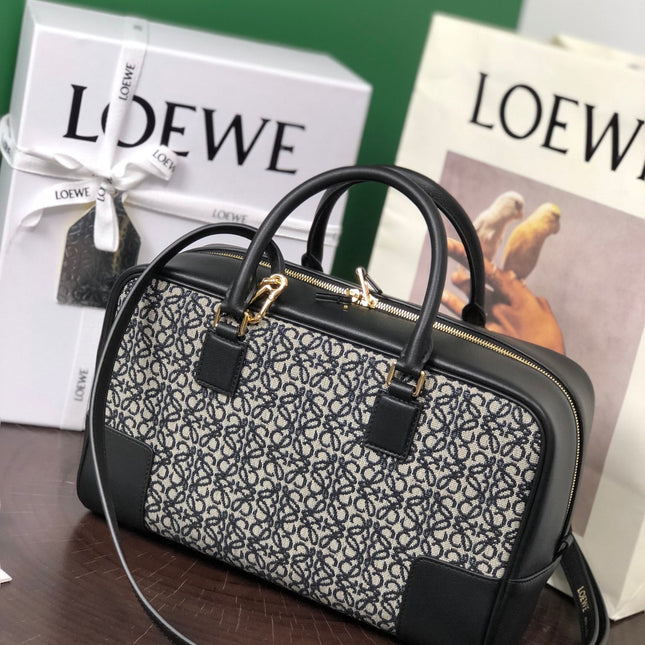 LOE AMAZONA 28 BAG IN BLACK CALFSKIN AND BEIGE MONOGRAM FABRIC