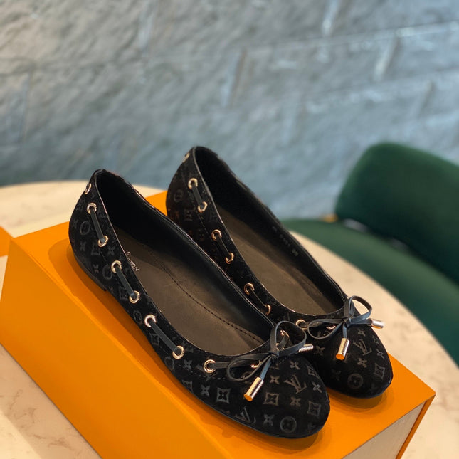 LV WOMEN'S BALLET FLAT IN BLACK MONOGRAM SUEDE WITH BOW