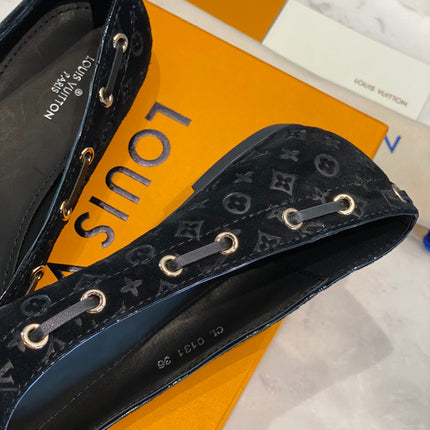 LV WOMEN'S BALLET FLAT IN BLACK MONOGRAM SUEDE WITH BOW
