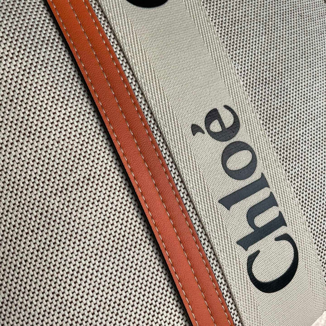 LAGRE WOODY TOTE BAG 45 IN BEIGE LINEN CANVAS BLACK WEBBING LOGO EMBROIDER ORANGE CALFSKIN