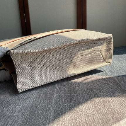 LAGRE WOODY TOTE BAG 45 IN BEIGE LINEN CANVAS BLACK WEBBING LOGO EMBROIDER ORANGE CALFSKIN