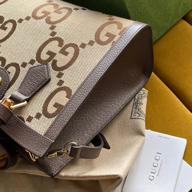 GG DIANA 27 MINI TOTE BAG IN BEIGE CANVAS AND BROWN CALFSKIN